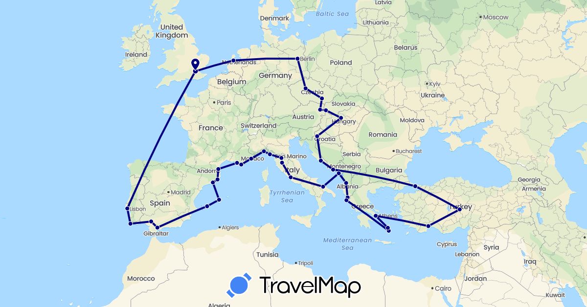 TravelMap itinerary: driving in Albania, Austria, Czech Republic, Germany, Spain, France, United Kingdom, Greece, Croatia, Hungary, Italy, Montenegro, Netherlands, Portugal, Slovakia, Turkey (Asia, Europe)